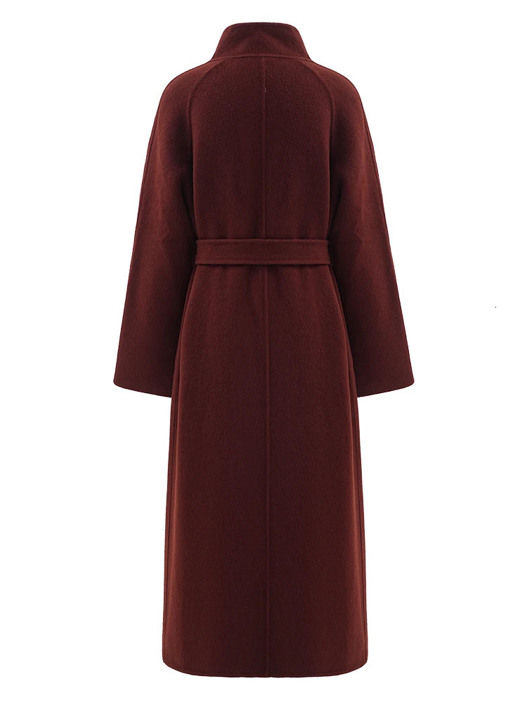 EAM Red Belted Big Size Long Thick Woolen Coat Stand Collar Sleeve Women Jacket Fashion Autumn Winter CPG 241213