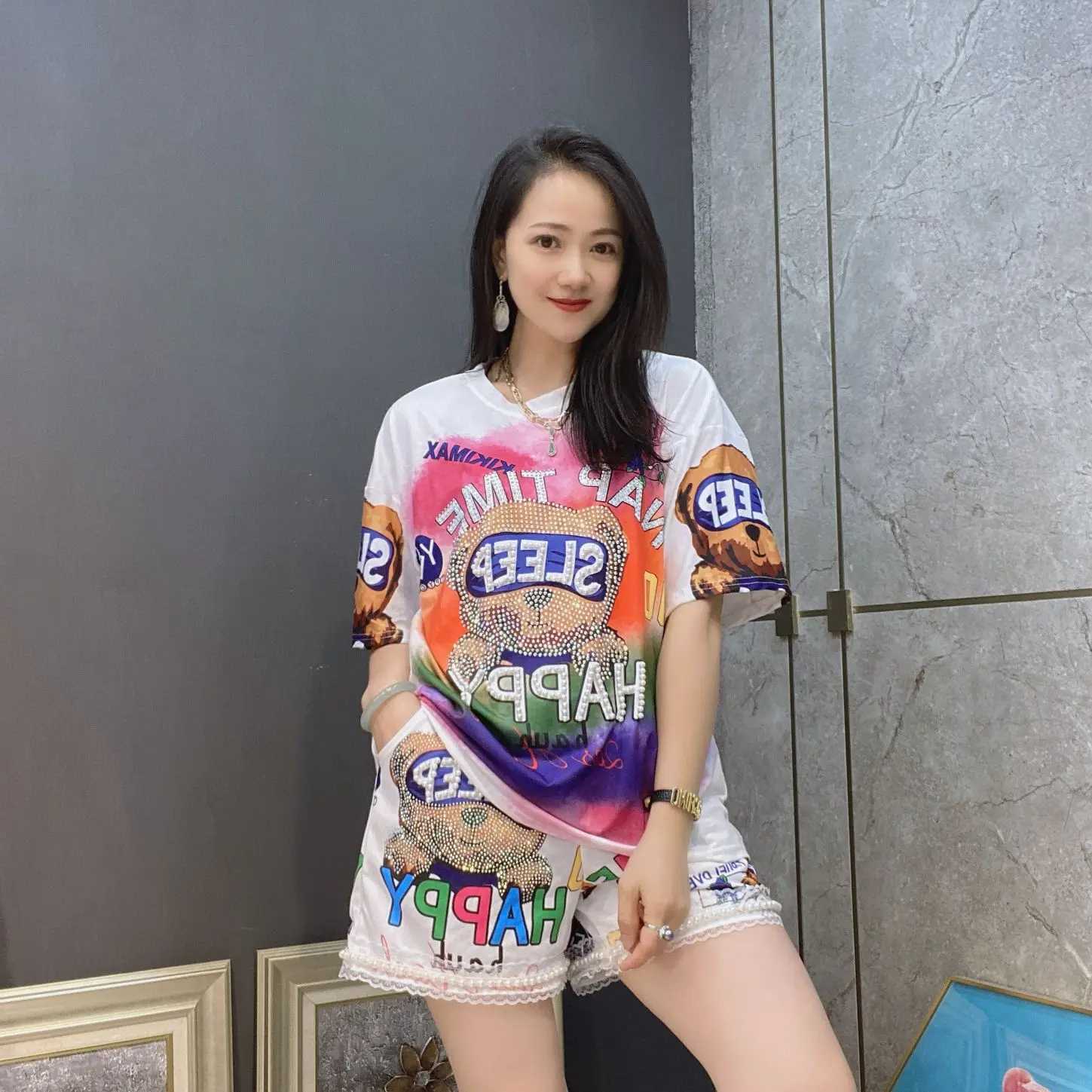 Women's Two Piece Pants 2024 Spring Two Piece Sets Womens Beading and Diamonds Tracksuit Cartoon Printed Casual Knitting Tops and Shorts Ladies S