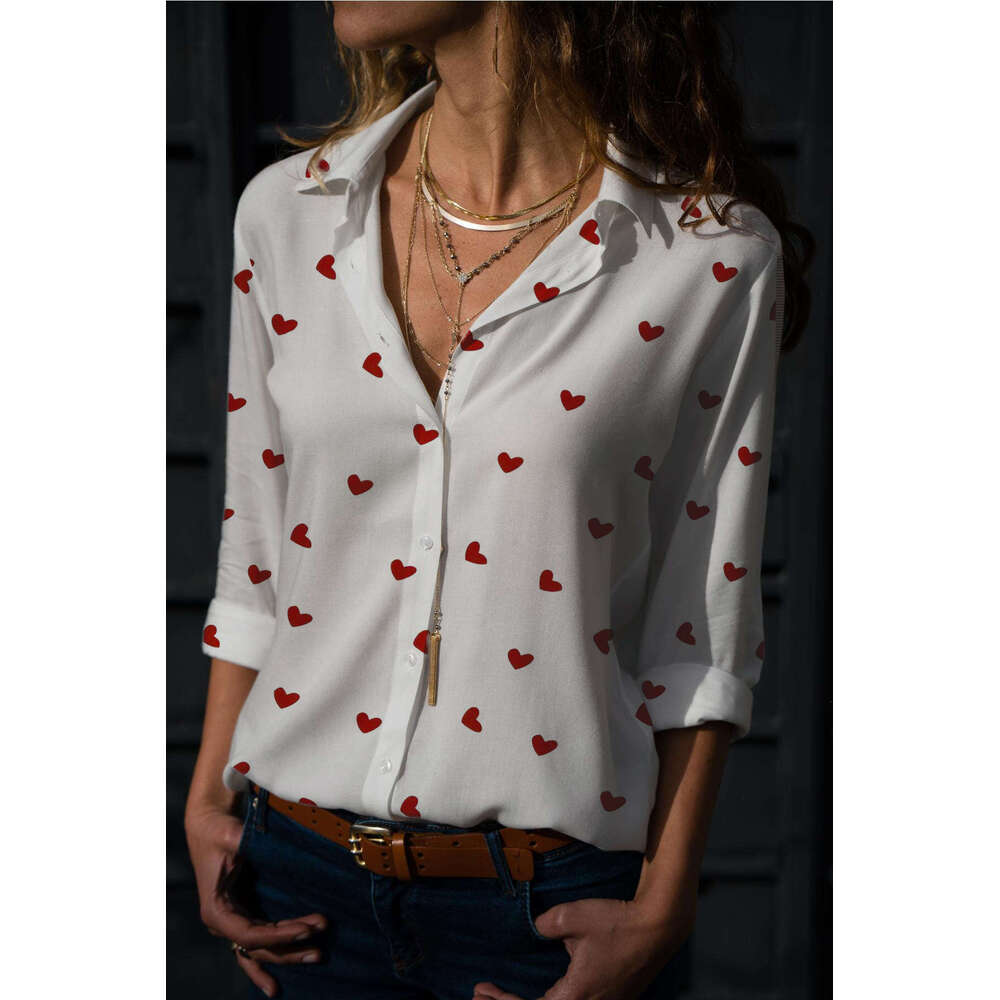 Women's Tops, Digital Long Sleeved Heart Printed Shirts, Women's Trendy Clothing, Fashionable And Casual Temperament