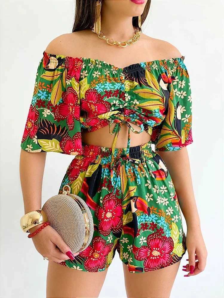 Women's Two Piece Pants Sexy Off Shoulder Slash Neck T-shirt Shorts Set Office Lady Floral Print Lace Up Short Slve Two Piece Set Women Outfit 20