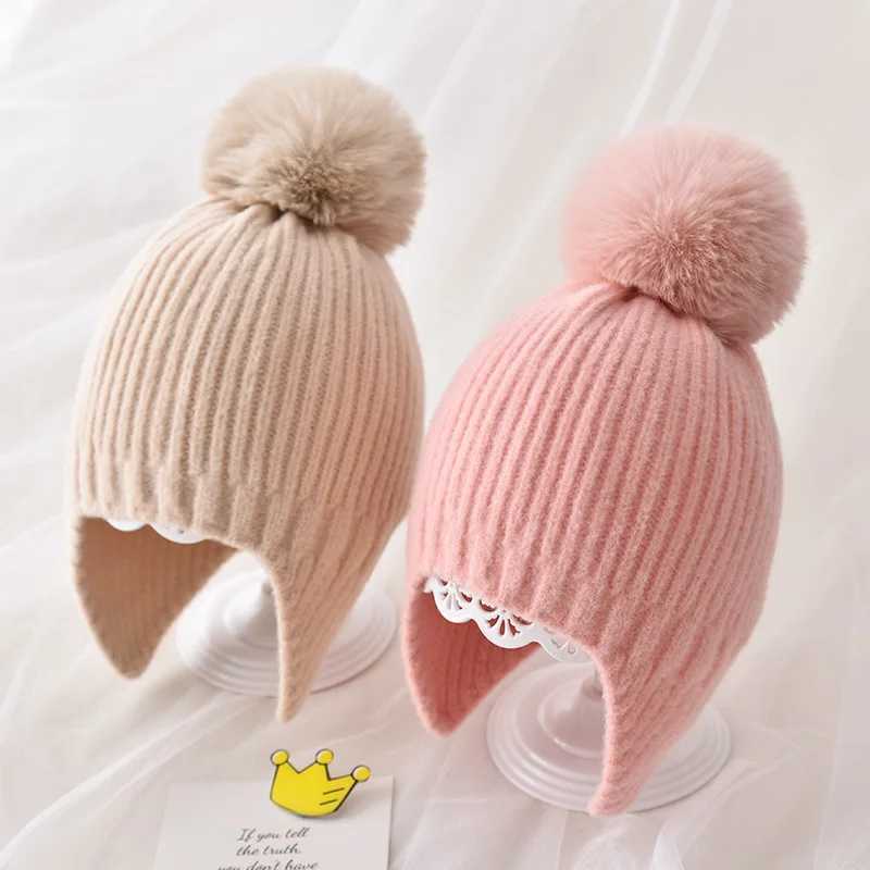 Winter Baby Beanie Hat With Earflap Fur Ball Winter Woolen Knitted Hats For Kids Outdoor Warm Girls Boys Ear Protection CapXJ241213