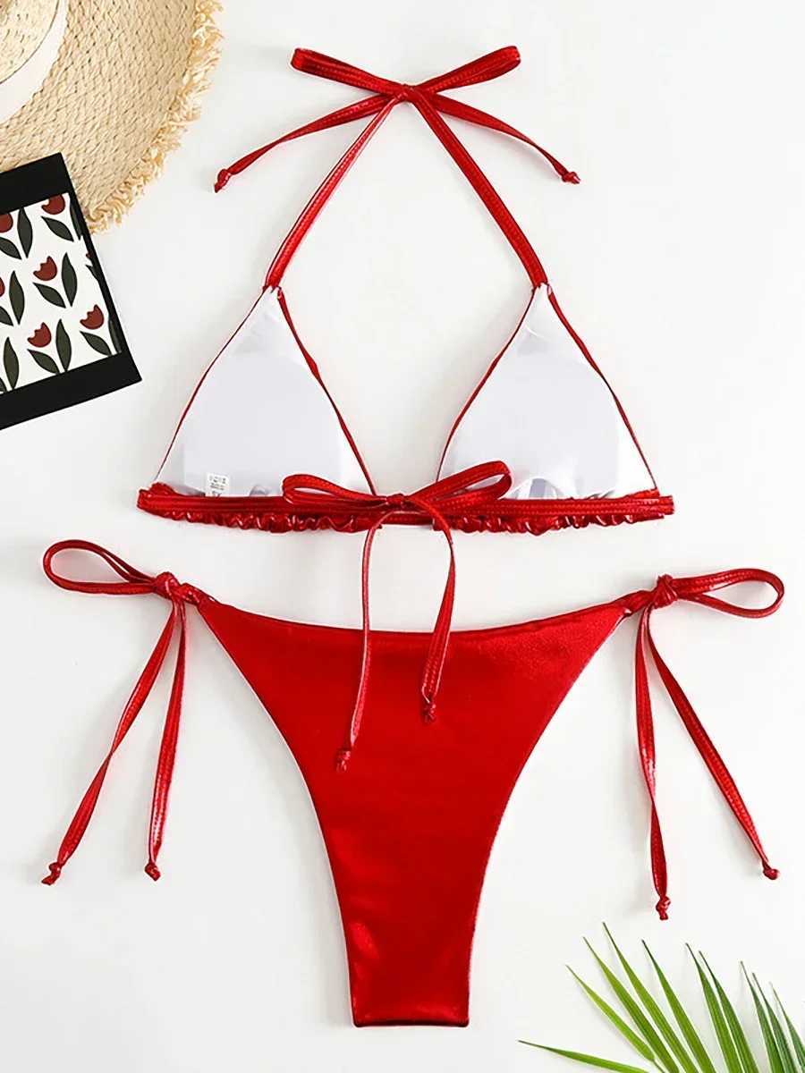 Sexy Metallic Halter Bikinis Sets Lace Up Triang Tie Side Bikini 2024 Swimsuit Women Swimwear Brazilian Fa Bathing SuitsXJ241212