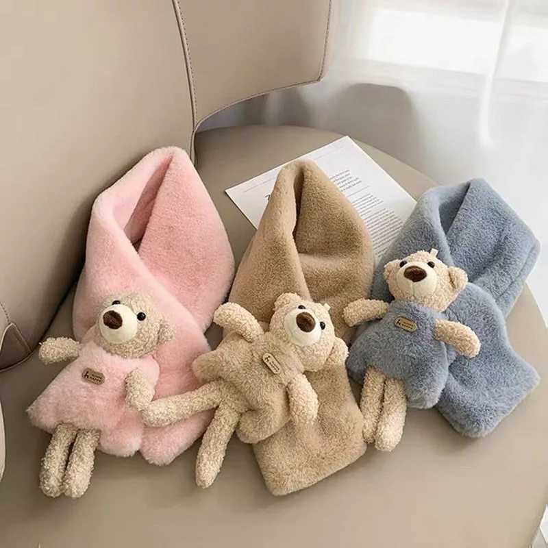 Scarves Wraps Cartoon Bear Kids Cross Scarf Winter Plush Children Warm Neck Collar Thicken Faux Rabbit Fur Baby Scarves Boy Girl Neckerchief H241213