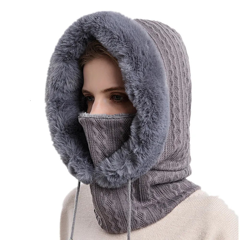 Russian style winter fur hat mask set womens knitted warm outdoor skiing windproof thick plush fluffy beanie hat 241205