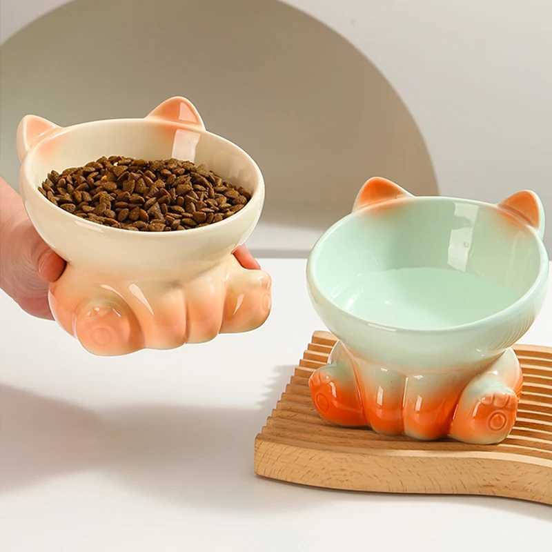 Cat Feeders Gradient Ceramic Cat Bowl Pet Bowl Cat Dining Bowl Drinking Water Pet Supplies Dog Bowl Cat Basin Cat Shaped Feeding Bowl z241213