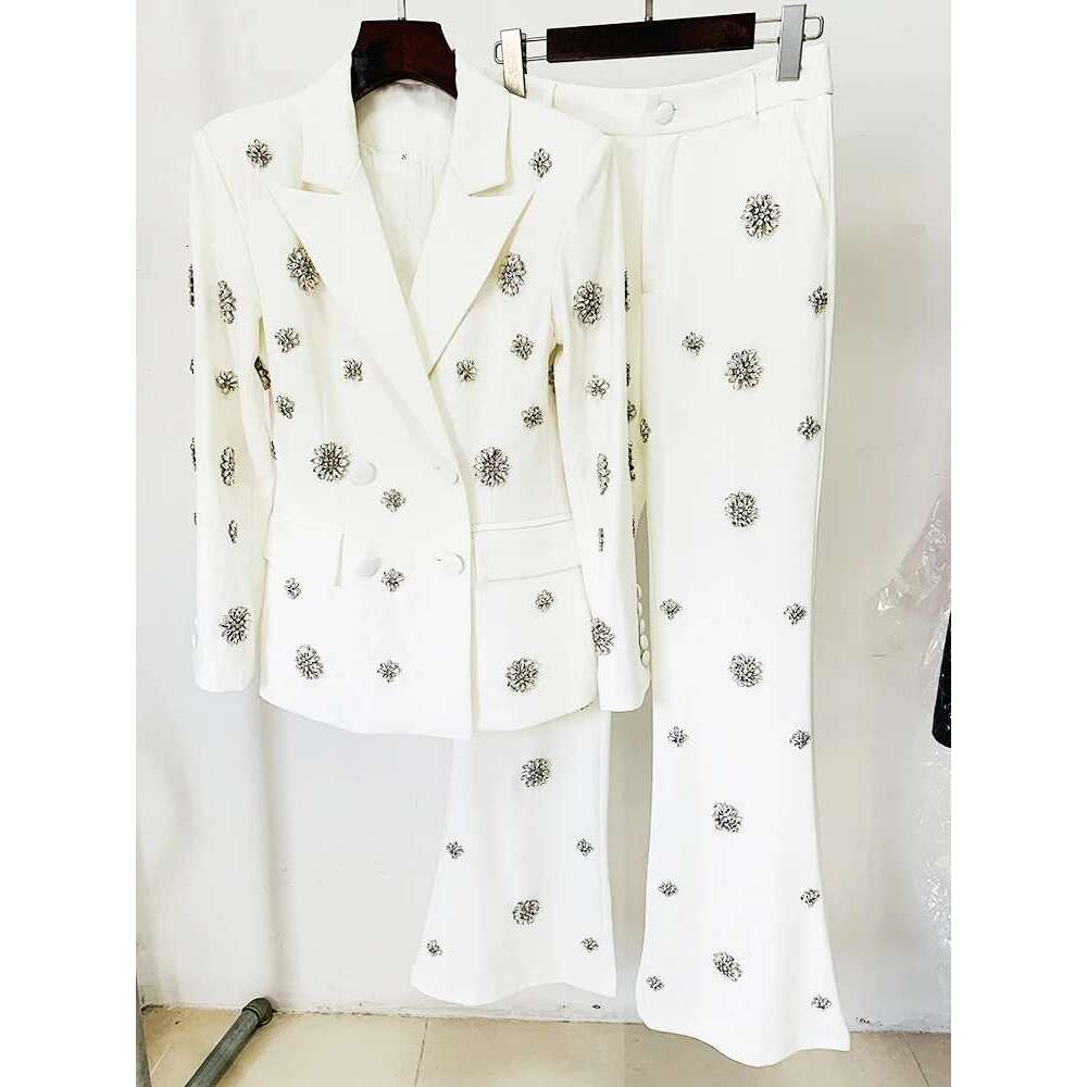 Ladies' Suit TOP QUALITY Newest Fashion Designer Set Women's Urious Rhie Dias Beaded Blazer Flare Pants Suit 2Pcs