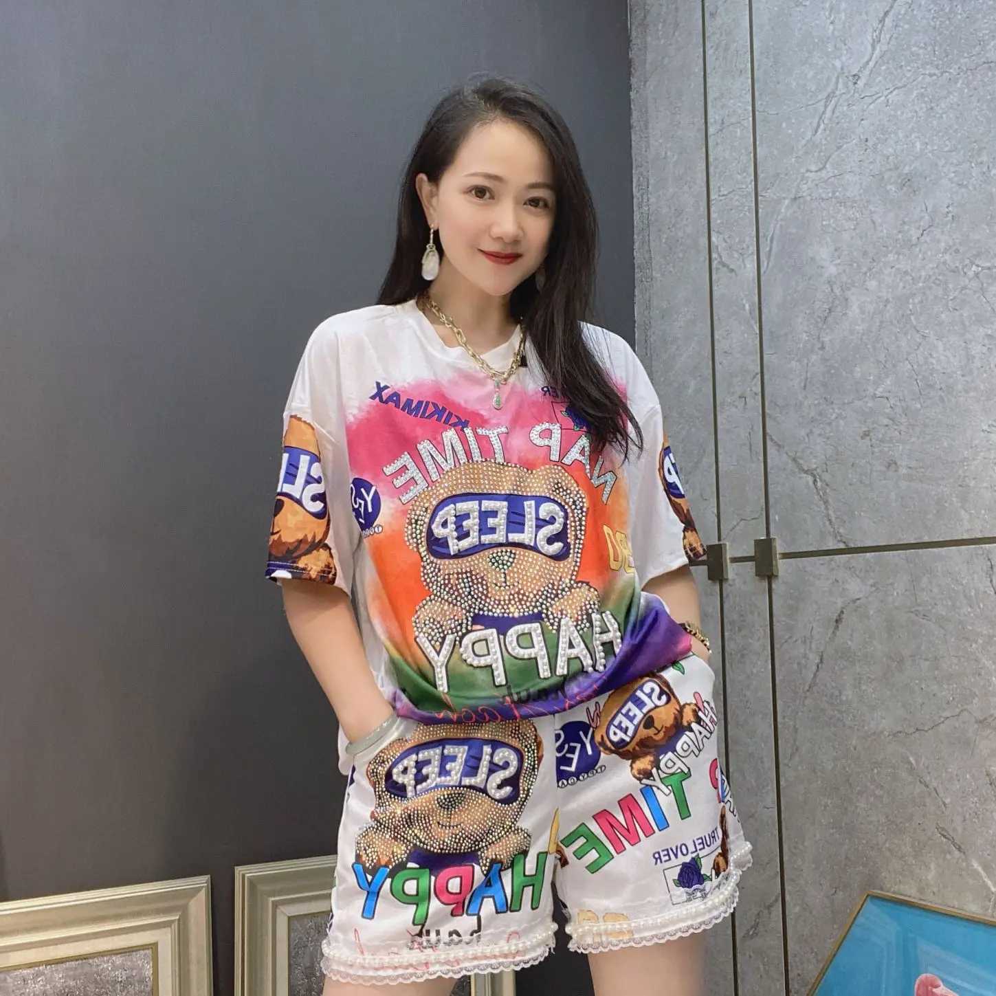 Women's Two Piece Pants 2024 Spring Two Piece Sets Womens Beading and Diamonds Tracksuit Cartoon Printed Casual Knitting Tops and Shorts Ladies S