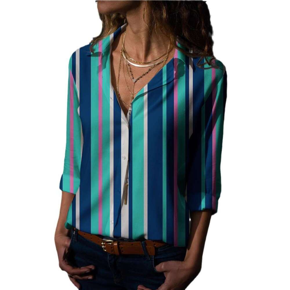 Women's Tops, Digital Long Sleeved Striped Printed Shirts, Trendy Clothing, Fashionable And Casual Temperament