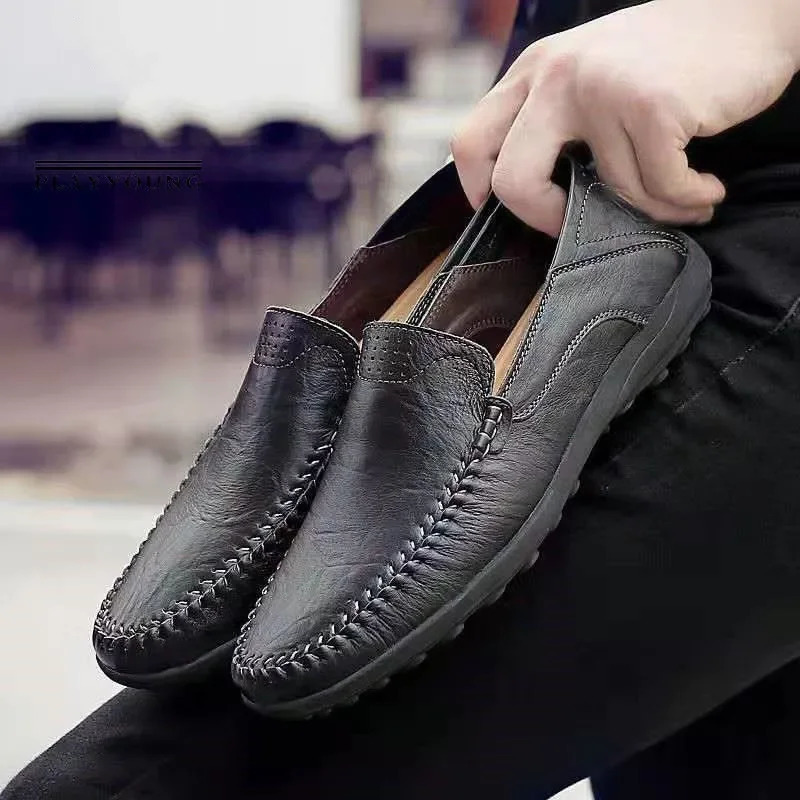 Mens leather shoes mens spring shoes slip on business casual leather shoes classic and soft Moccasins Hombre breathable flat shoes 241213
