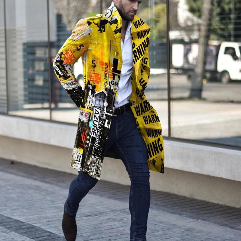 Man Single Breasted Jacket Letter Printing Button Long Slim Coat Sleeve Autumn Winter Warm Causal Harajuku Street Outwear 241213
