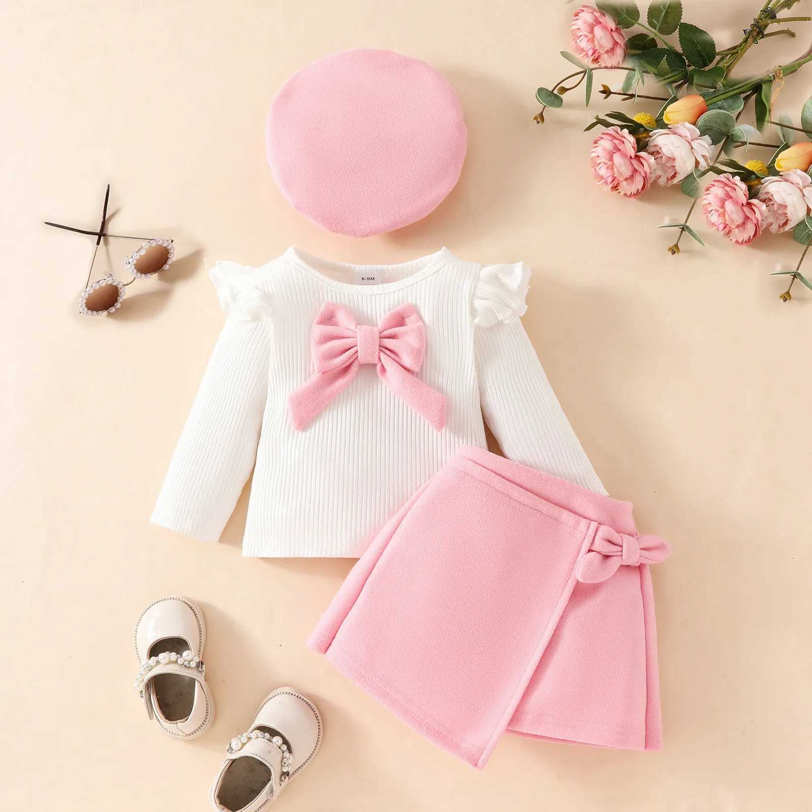 Baby girl set solid color set 0-3Y long sleeved bow top irregular skiing and beret 3-piece baby Christmas costume W241213