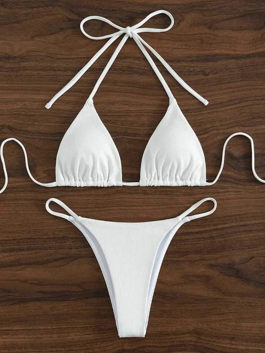 String Bikinis 2024 Women Sexy Triang Swimsuit Solid White Swimwear Fa Padded Bathers Bathing Swimming Swim Suit BeachwearXJ241212