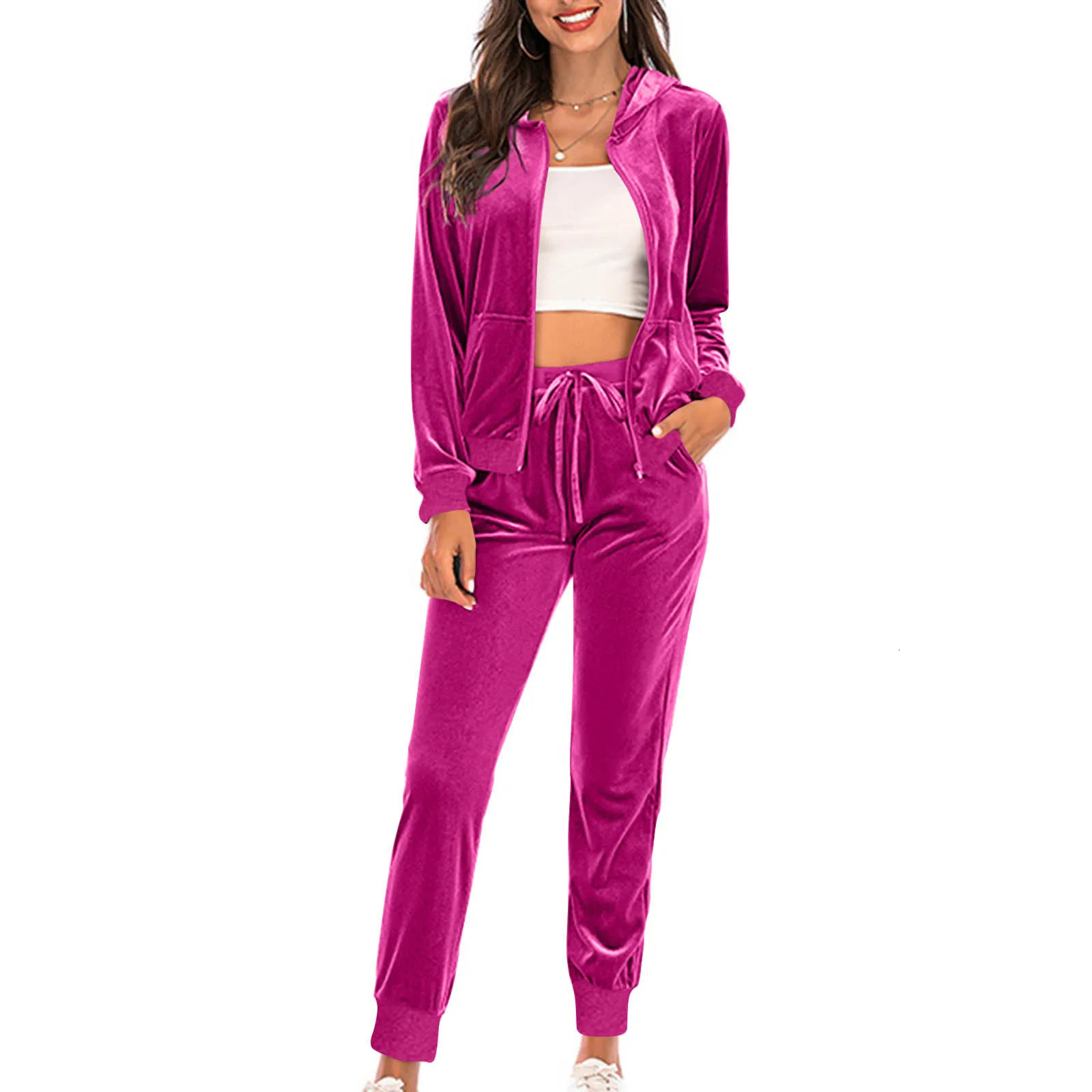 2024 Autumn Velvet Tracksuit Womens 2 Piece Sweatshirt Sweatpants Set Full Zip Hoodie Sweatsuit With Pockets Casual Sportswear 241203