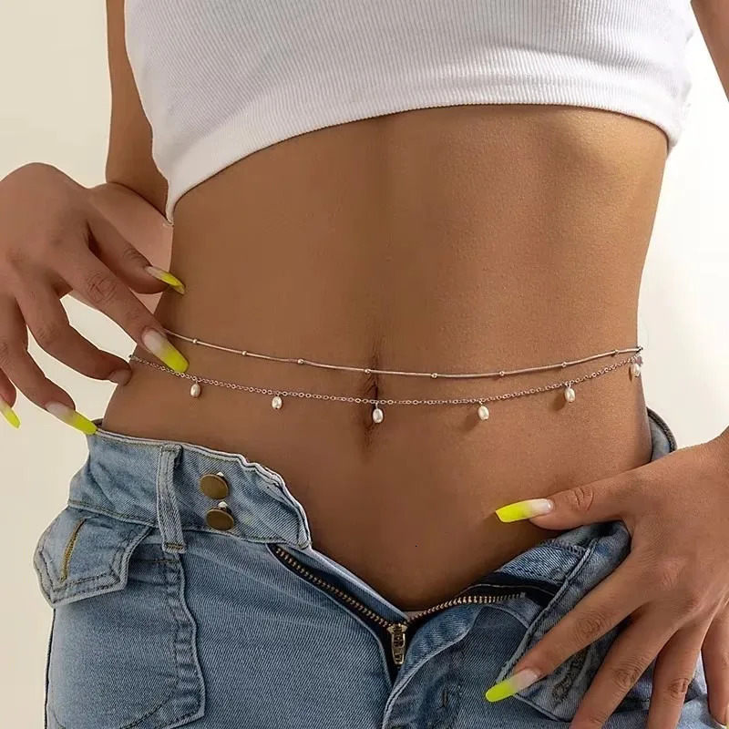Trendy Sexy Double Layer Pearl Butterfly Chain for Women Charm Waist Bead Belt Summer Beach Body Jewelry Accessories 241213