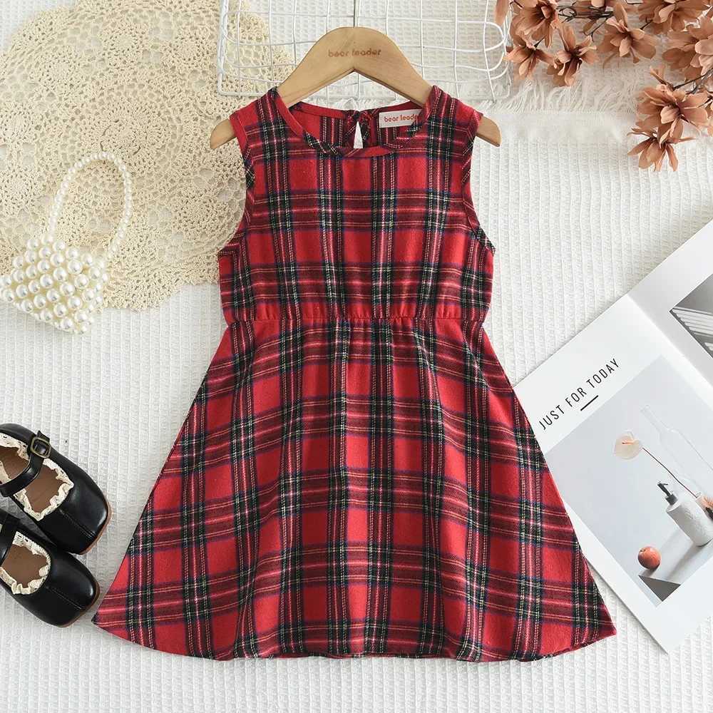 3-7 Years Girls Christmas Sets Bow Knitted Cardigan Coat and Red Plaid Print Vest Dresses 2Pcs Casual New Years Kids Clothes W241213