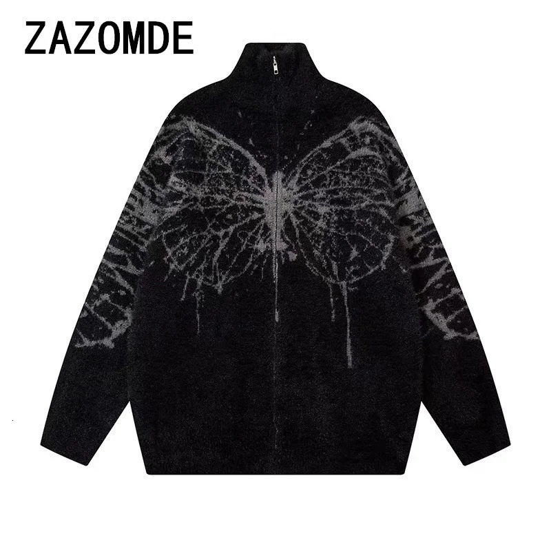 ZAZOMDE Winter Vintage Butterfly Graphic Zip Up Cardigan Man Y2k Streetwear Oversized Knitted Sweater Jacket Long Sleeve Tops 241213