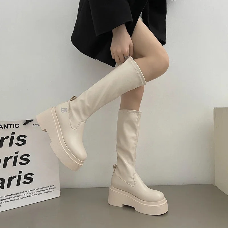 Autumn and Winter Short and Fat Womens Knee High Boots Fashion Soft Leather Platform Shoes Comfortable Long Botas De Mujer 241212