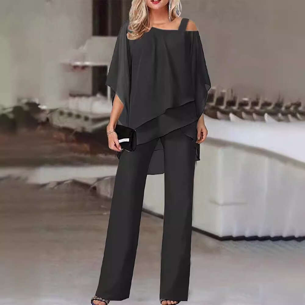 European And American New Solid Color Loose Casual Slanted Shoulder Bat Sleeve Irregular Long Pants Two-Piece Set Fashionable Quality Classic