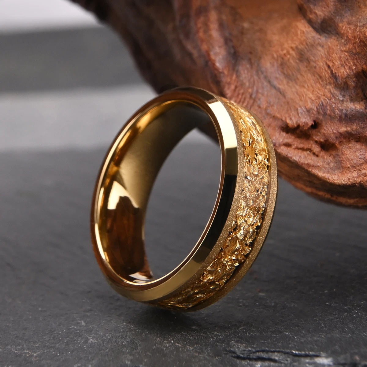 Golden Tungsten Carbide Ring 8mm Frosted Leaf Mens Engagement Novelty Style for Wedding Daily Wear 241213