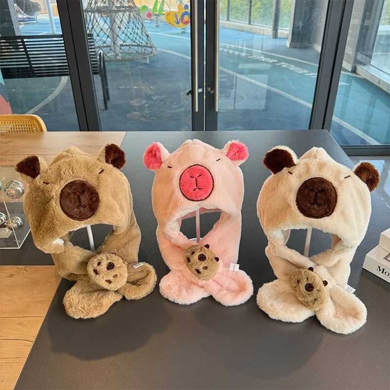 Childrens cute capybara one-piece hat winter thick fur hat scarf all-in-one baby capibara earmuffXJ241213