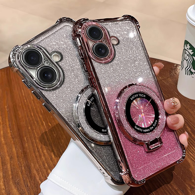 Luxury Four Corner Bling Glitter Clear Soft TPU Ring Stand Magnetic For Magsafe Wireless Charging Cases With Lens Film Protector For iPhone 16 15 14 1