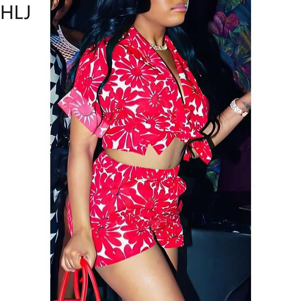 Women's Two Piece Pants HLJ Red Summer New Flowers Print Two Piece Sets Women Dp V Short Slve Bandage Crop Top+Shorts Outfits Female 2pcs Tracksu
