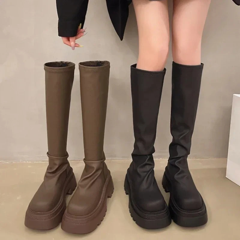 Platform Womens Knee High Boots Fashion Strap Zipper Knight Boots Autumn Womens Thick Boots 241213