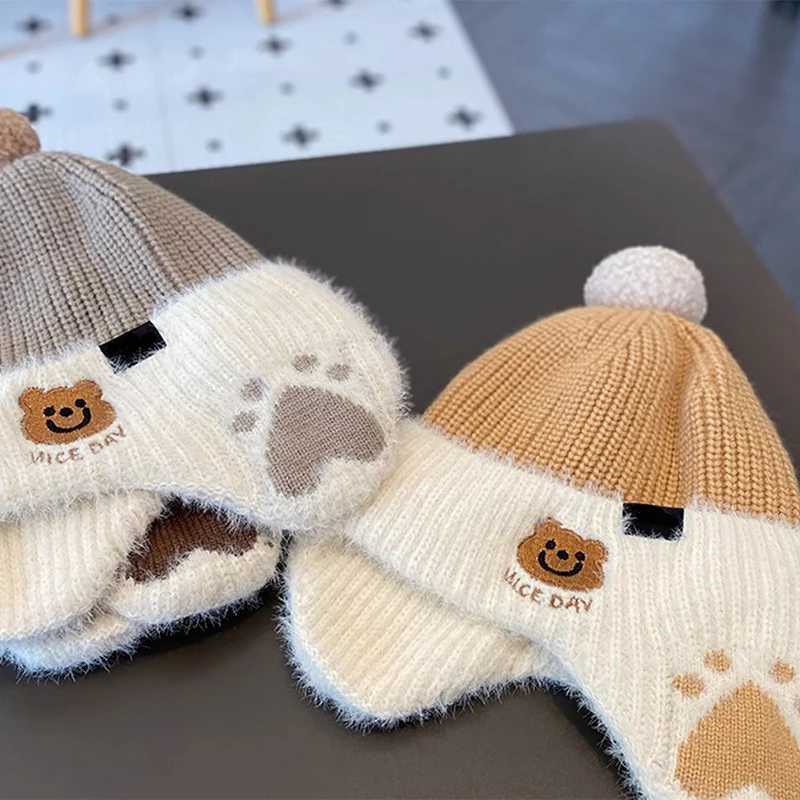 Children Plush Earmuffs Cap 1-6year Kids Winter Warm Knitted Hat Korean Baby Bear Beanie Pompom Ball Toddler Ear Protection CapsXJ241213