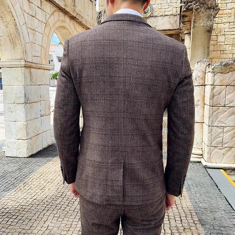 Men's Suit Jacket Vest Pants Fashion Boutique Plaid Casual Business Male Groom Wedding Tuxedo Dress 3 Pieces Set Blazers Coat