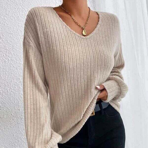 2023 Autumn New Loose Knitted Shirt European and American Style V-neck Falg Shoulder Lantern Sleeve T Women