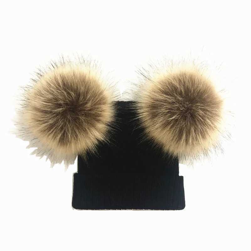 Kids Knit Faux Fur Double Pompom Hat Winter Caps For Baby Girl Toddler Children BeanieXJ241213