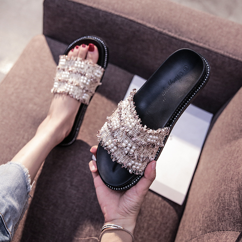 Korean version of fashion NEW women 2025 summer new pearl sequin braided flip-ps wear large size slippers 33-43