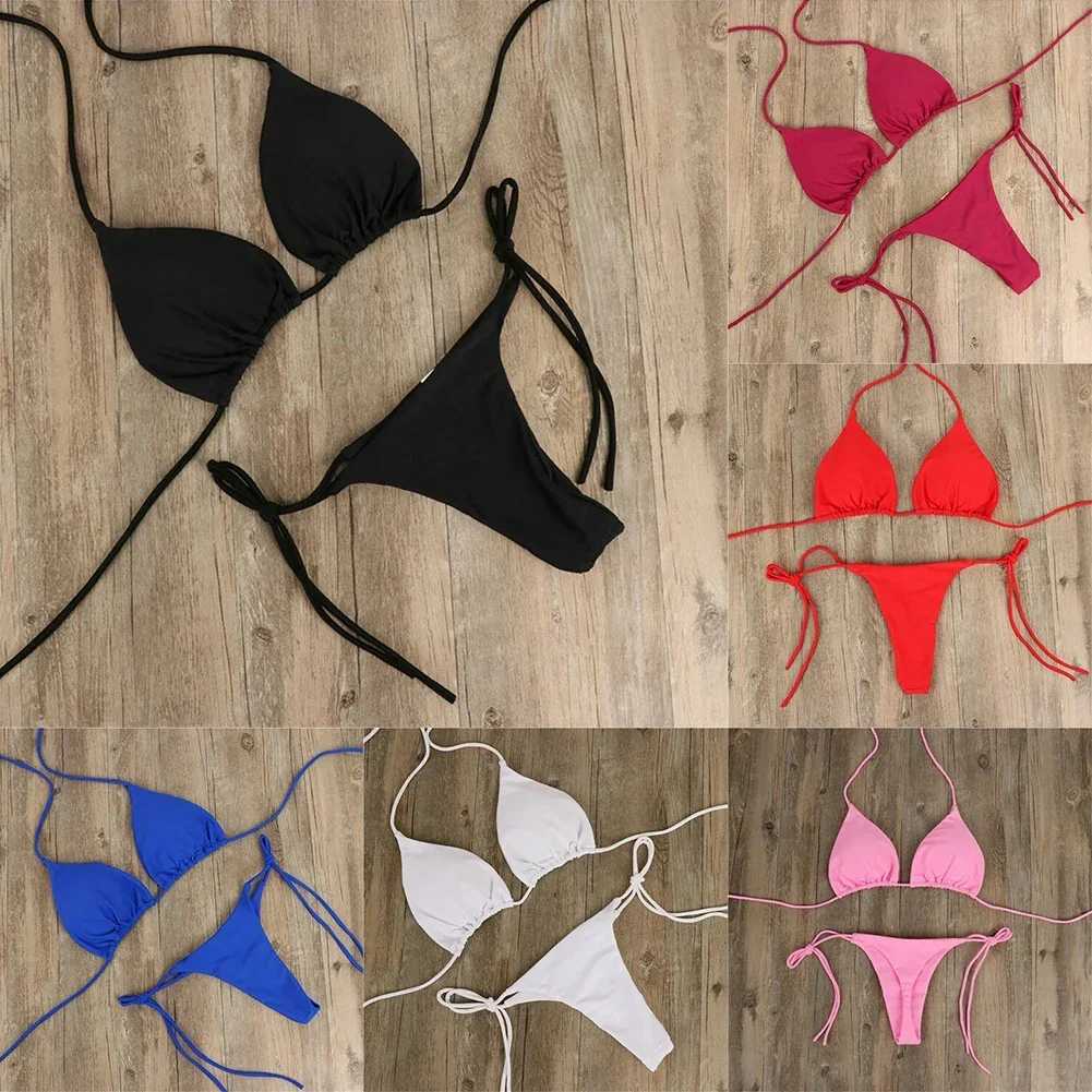 Solid Color Hanging Neck Sty Lace-Up Bikini Womens Sexy Adjustab Triang Beach Swimsuit No Steel Bracket No Chest PadXJ241212