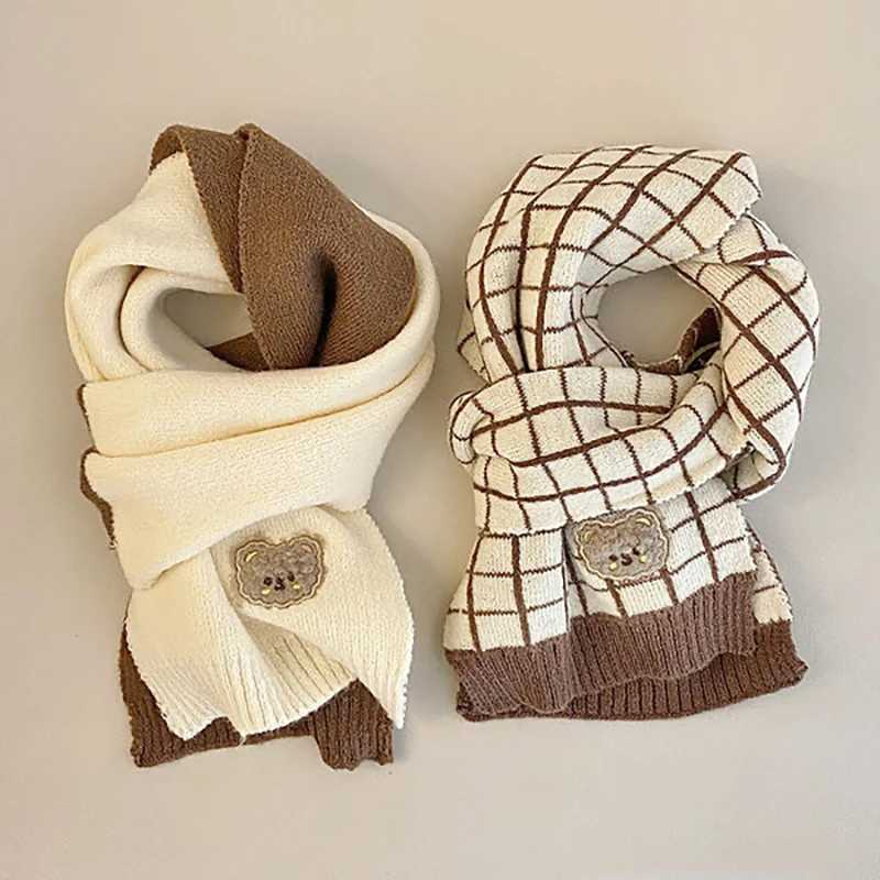 Scarves Wraps Korean Children Winter Scarf Cute Plaid Striped Bear Knitted Windproof Warm Boys Girls Neckcheif Kids Neck Warmer H241213
