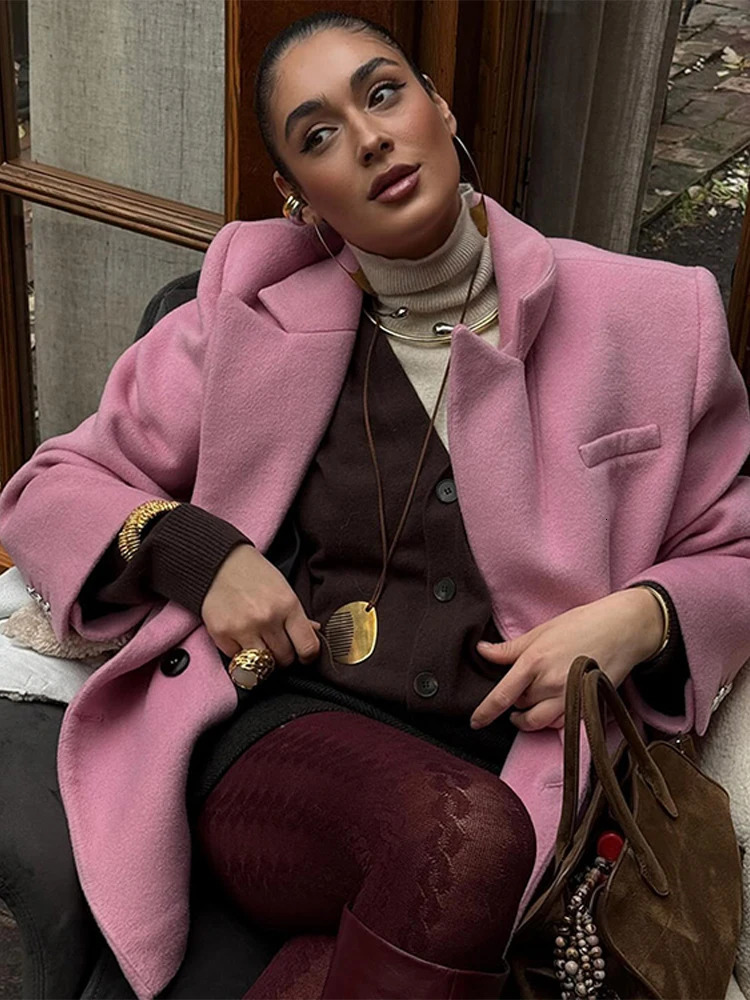 Woolen Women Jacket Stand Neck Long Sleeve Fashion Office Lady Coat Autumn Winter Street Pink Loose Thick Outwears 241213