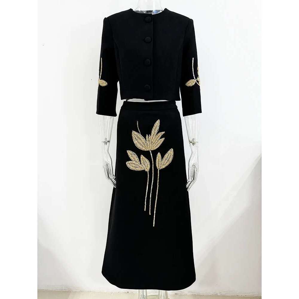 Ladies' Suit HIGH QUALITY Newest Fashion Designer Set Women's 3/4 Sleeve Beaded Cropped Jacket Midi Skirt Suit 2Pcs