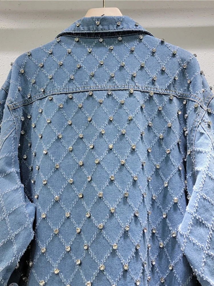 womens diamond bead denim jacket Rhinestone sequin jeans bomber jacket crystal denim cardigan single chest top 241209