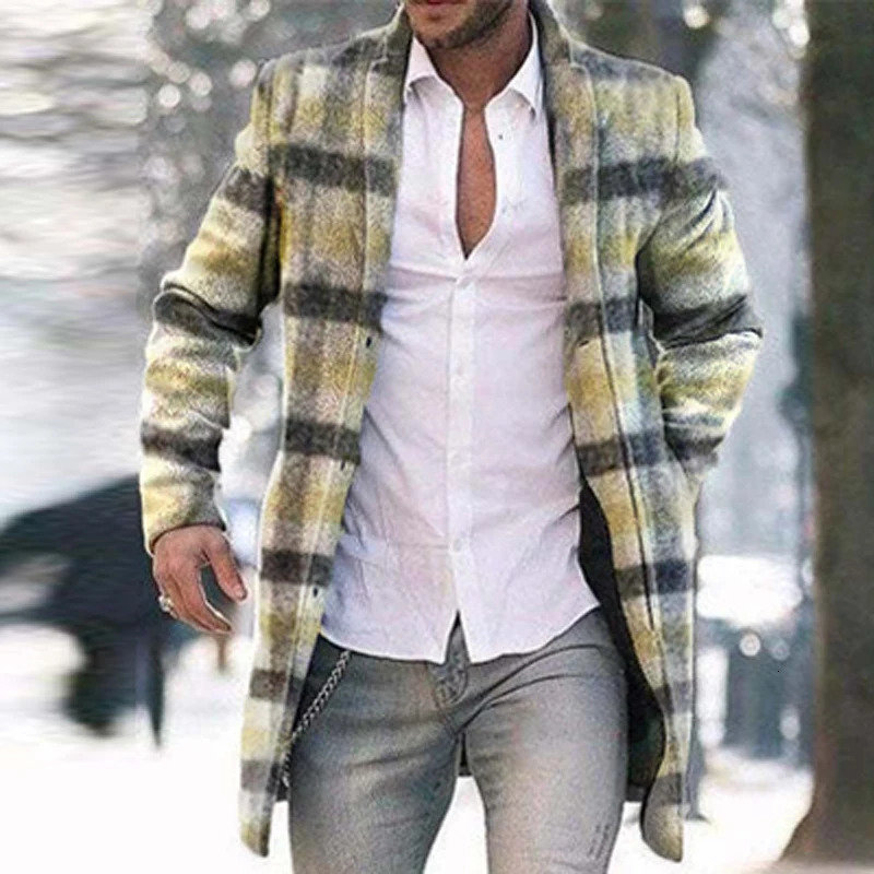 Retro Pattern Print Wool Blend Jackets Men Casual Turndown Collar Thick Man Cardigan Autumn Winter Singlebreasted Trench Coats 241213