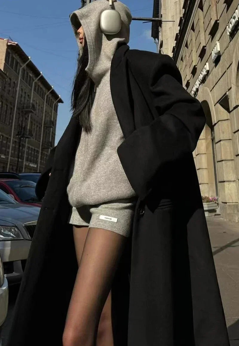 Y2k American casual sportswear lazy hooded cardigan solid color loose sweater tight shorts gray twopiece set 241211