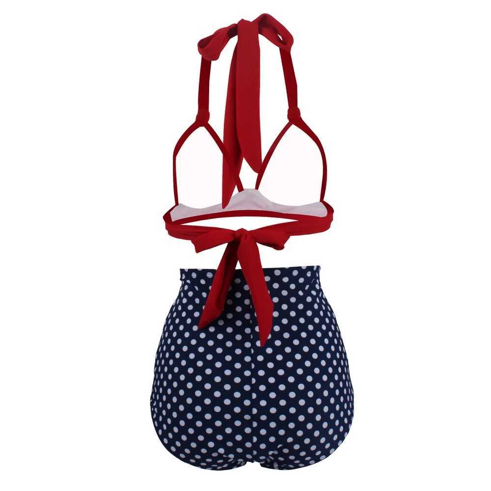 Pated Bikini Red Top Navy Blue With White Dots Bottom Women ic High Waist Halter Bikini Sets Plus Size Two-piece SwimwearXJ241212