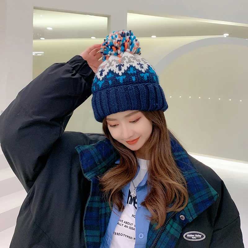 2024 Cute Print Embroidery Beanies Hats for Women Men Winter Wool Warm Fur Pompom Baggy Knit Hat Bonnet CapsXJ241213