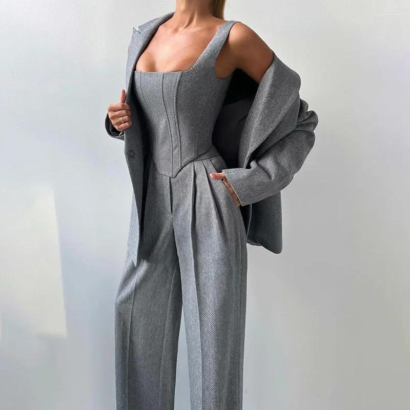Women's Two Piece Pants Fashion Grey Sets For Women 3 Pieces Elegant Long Sleeve Belt Blazer Tank Top With High Waist Wide Trousers Lady