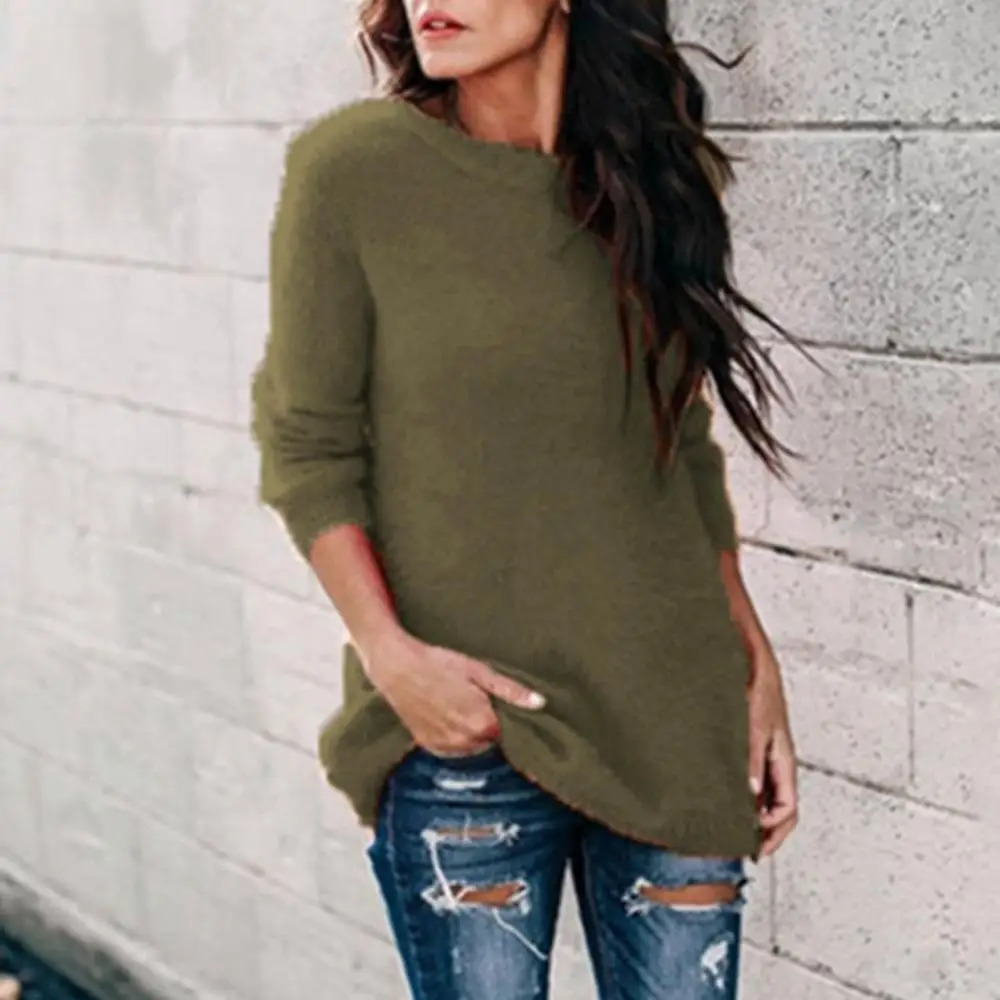 Chic Women Autumn Warm Sweater Solid Color O Neck Long Sleeve Knitwear Pullover Plus Size Blouse Ladies Hipster Clothing 241203