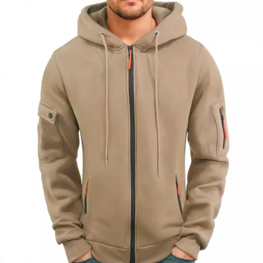 Autumn and Winter Mens New Outdoor Sports Tool Style Casual and Comfortable Open Zipper Solid Color Arm Pocket Hoodie W241213