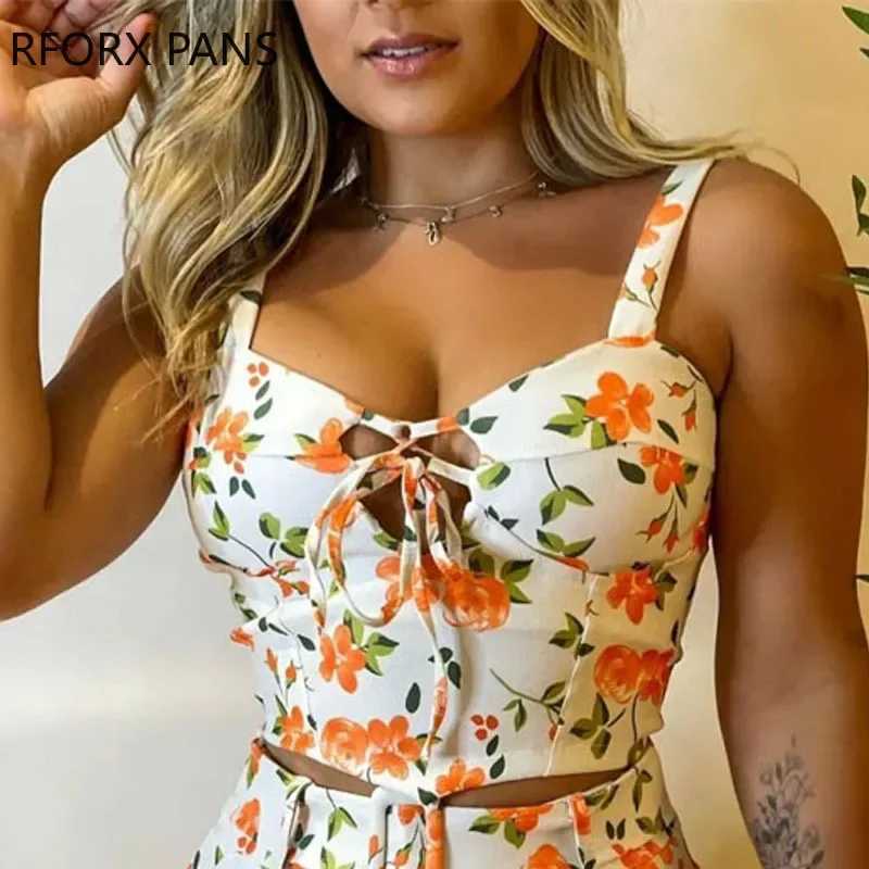 Women's Two Piece Pants Women Chic Spaghetti Straps Cami Button Crop Disty Floral Pattern Mini Sexy Sashes Zipper Short Sets Y241213P3W3