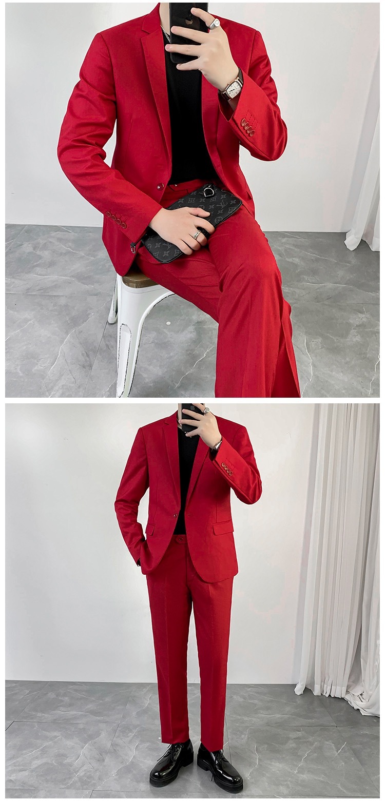 New Men's Red Color Long Sleeves Casual Cotton E Fashion Dreaa Formal Slim Fit One Button Suit Jacket Coat
