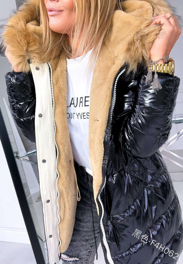 European And American Winter Casual Warm Women's Slim Fit Solid Color Glossy Zipper Inner Ing Fur Collar Cotton Clothing