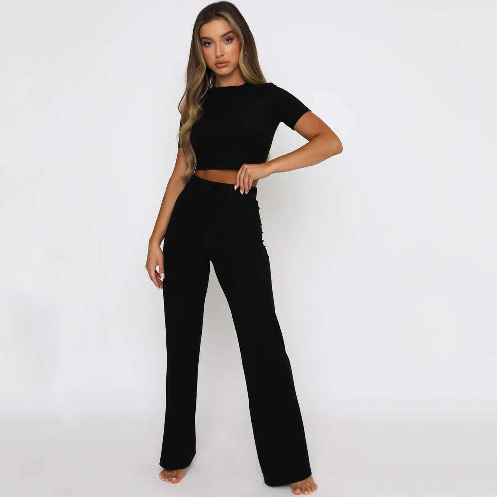 European And American New Suit Women's Solid Color High Elasticity Shaping Short Sleeved Wide Leg Pants Two-Piece Set Trendy Clothing Fashion Cas