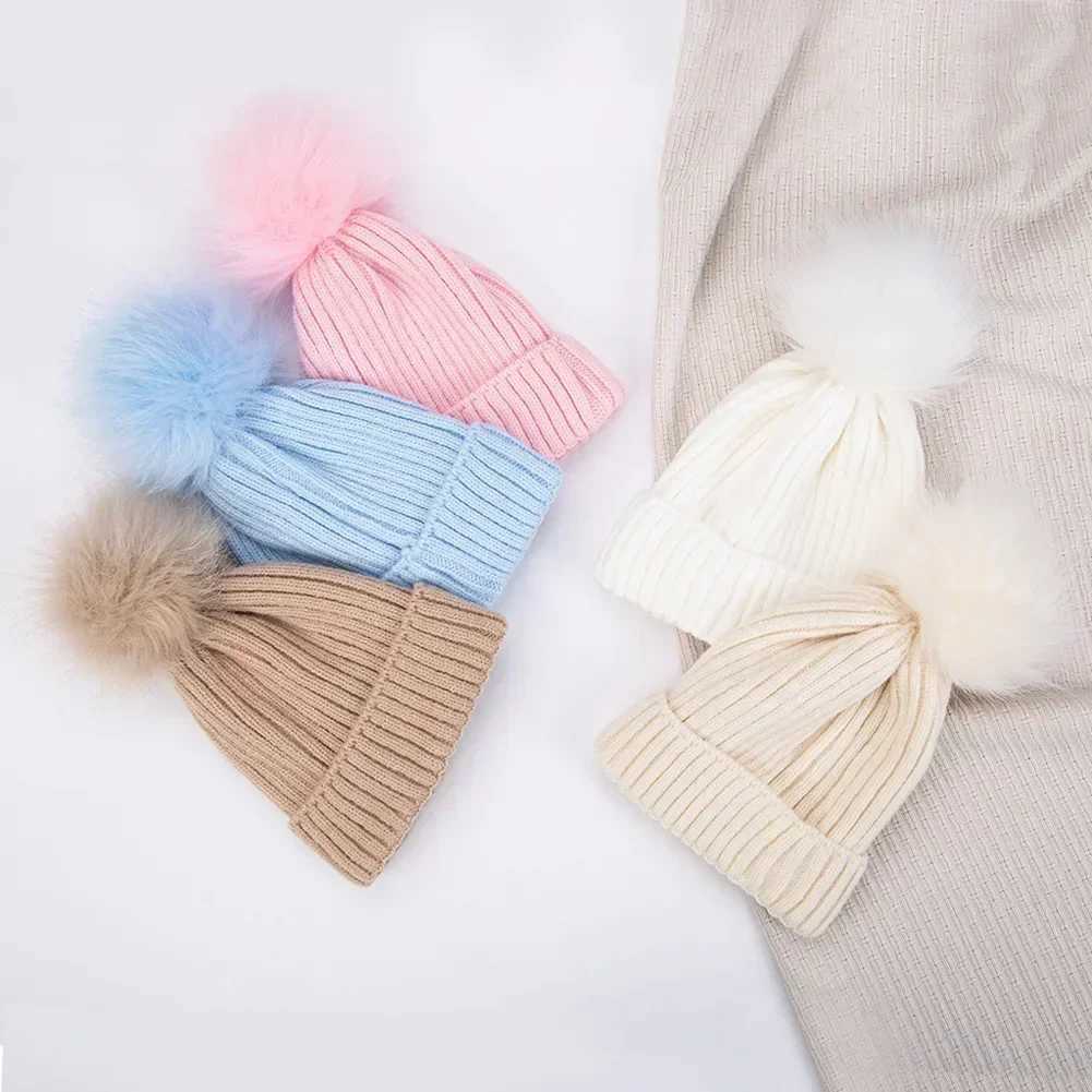 0-14Y Baby Bobble Hat Children Knitted Ski Beanie Girl Boy Winter Warm Hat Artificial Pompom Bonnet Kids Skullcap Newborn HatXJ241213