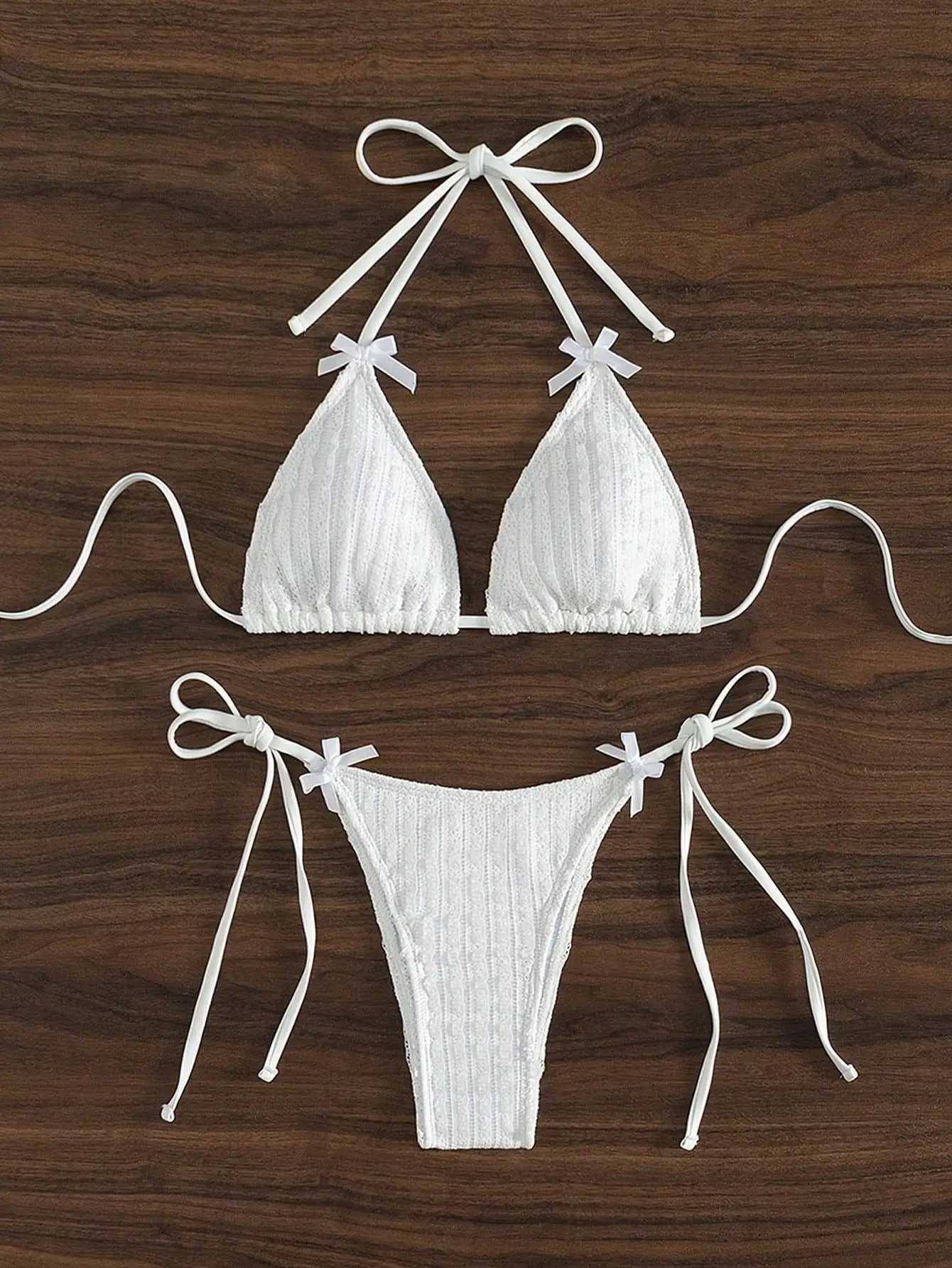 2025 New Solid Color White 2 Piece Swimsuit Sexy Bow Triang Halter ss Bikini Set Lace-up Thong Bathing Suit SwimwearXJ241212